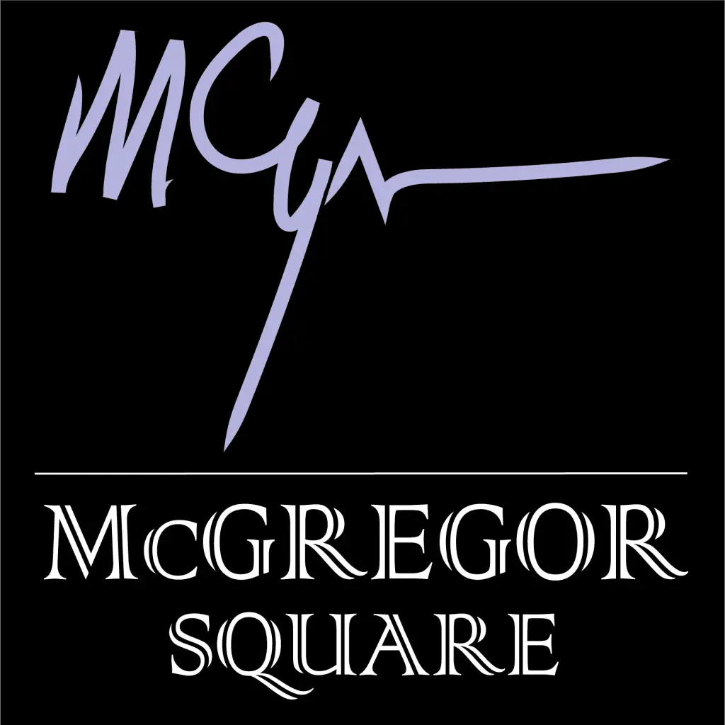 Black square with lavender handwritten McGregor and white typeset McGregor Square