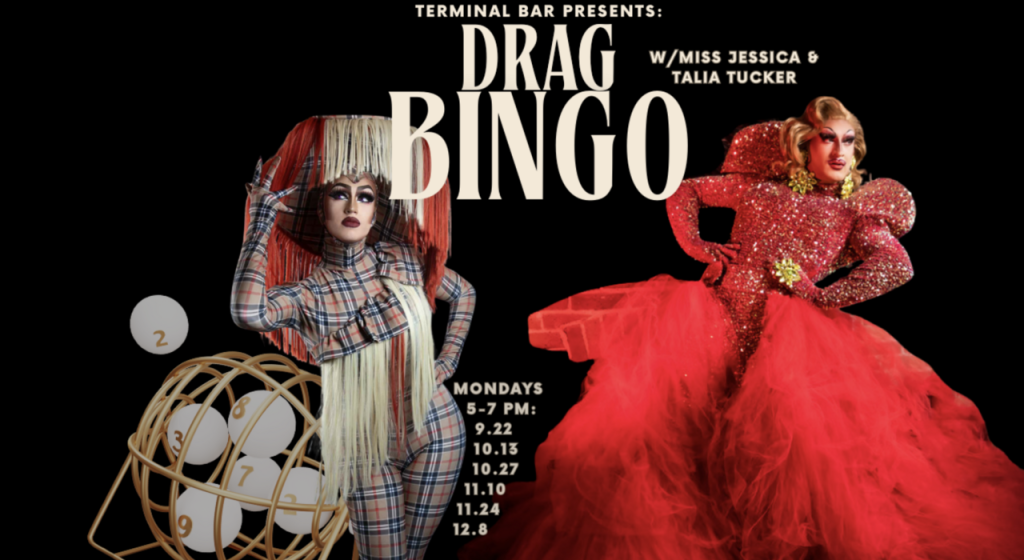 Text over two drag performers