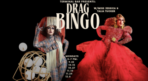 Text over two drag performers