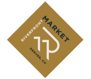 brown square logo tilted to right corner with text "Riverfront Market Denver Colorado" and letters M and R implying mountains and open air